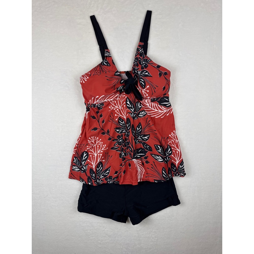 NWOT Red Floral Flowy Tankini Top with Black Boyshorts Swimsuit Set Medium